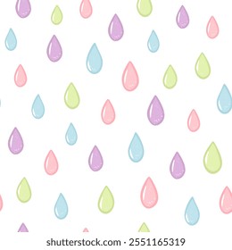 Ilustración vectorial. Patrón sin fisuras de gotas de lluvia volumétricas en colores del arco iris sobre un fondo blanco. Gotas de color rosa, azul, verde, púrpura. Impresión en textiles, diseño de la tela, embalaje, papel de embalaje