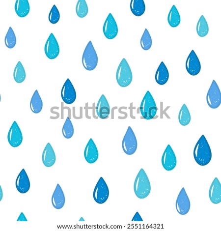 Vector illustration. Seamless pattern of volumetric blue raindrops on a white background. Print on textiles, fabric design, packaging, wrapping paper, children's wallpaper

