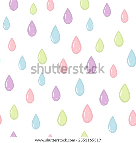 Vector illustration. Seamless pattern of volumetric raindrops in rainbow colors on a white background. Pink, blue, green, purple drops. Print on textiles, fabric design, packaging, wrapping paper