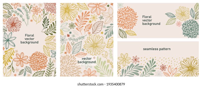 Vector illustration and seamless pattern in warm colors. Set of universal hand drawn floral template for cover, home decor, backgrounds, cards. Children abstract and floral design in doodle style.