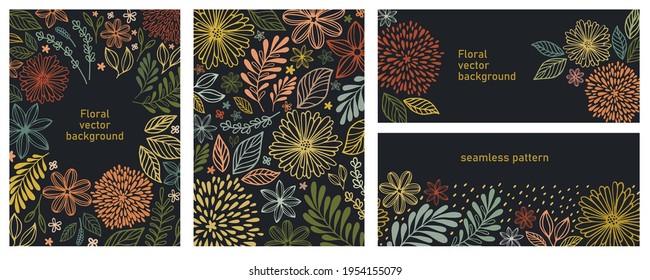 Vector illustration and seamless pattern in warm colors. Set of universal hand drawn floral template for cover, home decor, backgrounds, cards. Children abstract drawing floral in doodle style.