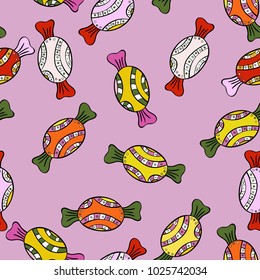 Vector illustration. Seamless pattern with watercolor sweets candies, hand drawn isolated on a neutral, black and yellow background.