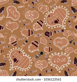 Vector illustration. Seamless pattern watercolor hearts seamless background. Colorful watercolor romantic texture. Brown, beige and white watercolor heart pattern.
