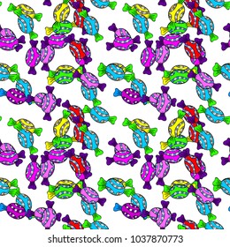Vector illustration. Seamless pattern with watercolor sweets candies, hand drawn isolated on a white, black and blue background.