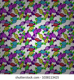 Vector illustration. Seamless pattern with watercolor sweets candies, hand drawn isolated on a white, black and blue background.