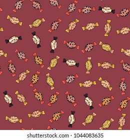Vector illustration. Seamless pattern with watercolor sweets candies, hand drawn isolated on a red, black and orange background.