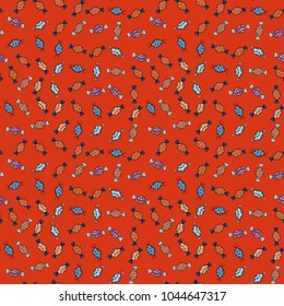 Vector illustration. Seamless pattern with watercolor sweets candies, hand drawn isolated on a orange, black and blue background.