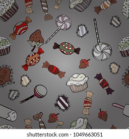 Vector illustration. Seamless pattern with watercolor sweets candies, hand drawn isolated on a gray, black and white background.