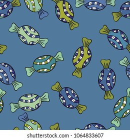 Vector illustration. Seamless pattern with watercolor sweets candies, hand drawn isolated on a black, blue and neutral background.