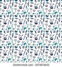 Vector illustration. Seamless pattern with watercolor sweets candies, hand drawn isolated on a white, blue and neutral background.