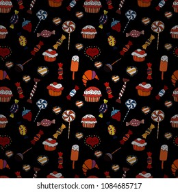 Vector illustration. Seamless pattern with watercolor sweets candies, hand drawn isolated on a black, red and white background.