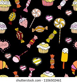 Vector illustration. Seamless pattern with watercolor sweets candies, hand drawn isolated on a black, yellow and white background.