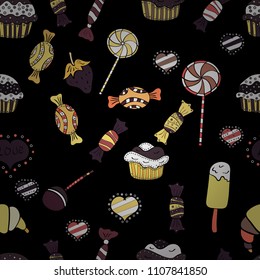 Vector illustration. Seamless pattern with watercolor sweets candies, hand drawn isolated on a black, yellow and white background.