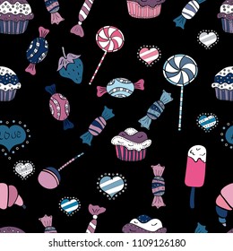 Vector illustration. Seamless pattern with watercolor sweets candies, hand drawn isolated on a black, blue and white background.