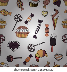Vector illustration. Seamless pattern with watercolor sweets candies, hand drawn isolated on a white, black and pink background.