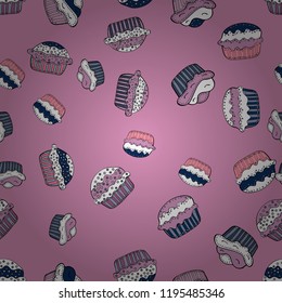 Vector illustration. Seamless pattern. Watercolor illustration. Seamless background cakes. Cupcake, macaron, shortbread. Cute birthday background on pink, white and neutral.