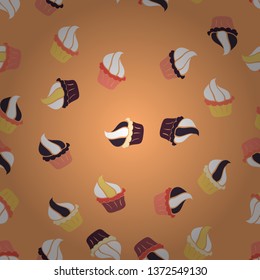 Vector illustration. Seamless pattern. Watercolor illustration. Cute birthday background on white, yellow and orange. Seamless background cakes. Cupcake, macaron, shortbread.