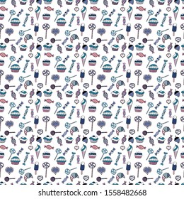 Vector illustration. Seamless pattern with watercolor sweets candies, hand drawn isolated on a white, neutral and blue background.