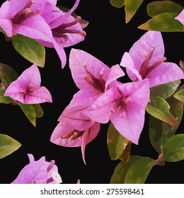 Vector Illustration of Seamless PAttern Watercolor Flower for Design, Website, Background, Banner. Water Colour Texture Element Template. Use on Textile or Wallpaper. Pink bougainvillaea on black