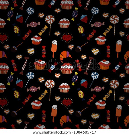 Vector illustration. Seamless pattern with watercolor sweets candies, hand drawn isolated on a black, red and white background.