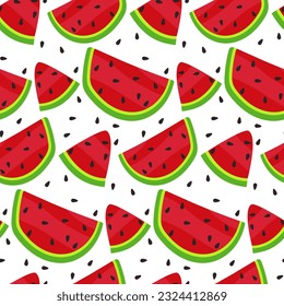 Vector illustration of a seamless pattern of watermelon slices. Summer watermelon background with seeds on a white background. Cartoon pieces of watermelon in a chaotic order. Gift packaging