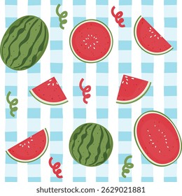 Vector illustration of seamless pattern of watermelon slices on blue and white checkered background. Fresh and fun summer fruit design in cute minimalist style for fabric, wallpaper and digital use.
