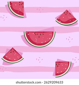 Vector illustration of seamless pattern of watermelon slices on blue and white checkered background. Fresh and fun summer fruit design in cute minimalist style for fabric, wallpaper and digital use.
V
