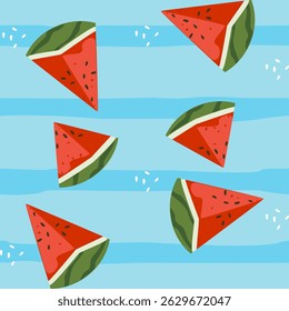Vector illustration of seamless pattern of watermelon slices on blue striped background. Fresh and fun summer fruit design in cute minimalist style. For fabric, wallpaper and digital use.
