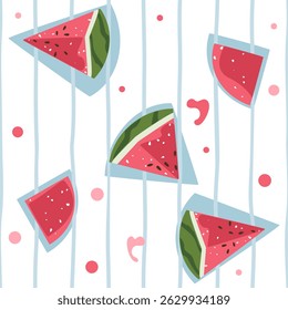 Vector illustration of seamless pattern of watermelon slices on white and blue striped background. Fresh and fun summer fruit design in cute minimalist style. For fabric, wallpaper and digital use.

