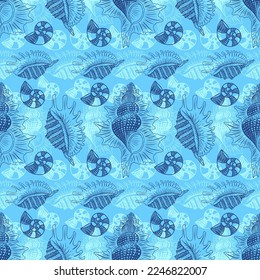 Vector illustration - seamless pattern of white and dark blue seashells on a blue background. Ideal for prints on fabrics, backgrounds and textures, packaging designs, etc