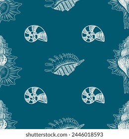 Vector illustration - a seamless pattern of white linear seashells on a turquoise background. Ideal for printing on fabrics, backgrounds and textures, packaging design, backdrops, web