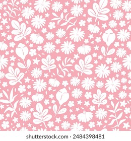 Vector illustration. Seamless pattern of white flowers on a pink background. Ditsy floral pink pattern, field of flowers, print for fabric, textile, wallpaper, baby clothes, wrapping paper