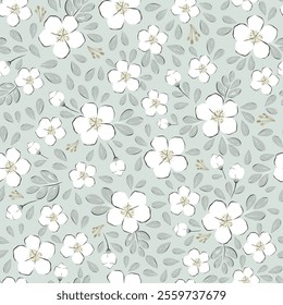 Vector illustration. Seamless pattern of white small flowers on a green gray background. Ditsy floral pattern, field of flowers, print for fabric, textile, wallpaper, baby clothes, packaging