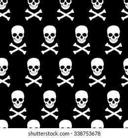 Vector illustration seamless pattern white skull and crossbones on black background.