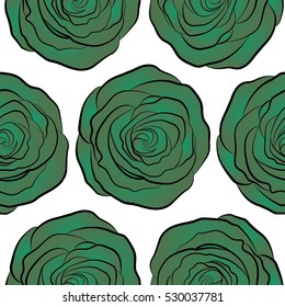 Vector illustration. Seamless pattern with white background and abstract green stylized roses.