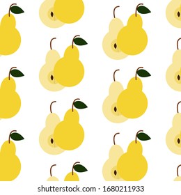 Vector illustration. Seamless pattern with whole, half pear, leaves isolated on white. Design for kitchen, textile, fabric,summer, wallpaper, wrapping, scrapbooking, packaging, card, poster