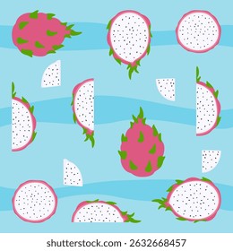 Vector illustration of seamless pattern of whole and sliced ​​dragon fruit on a blue background. Suitable for fabric, packaging, wallpaper, and summer-themed graphic design projects.
