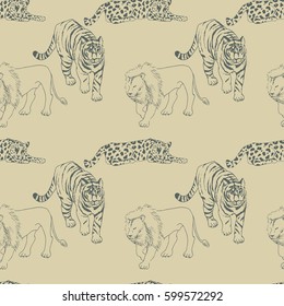 Vector illustration of seamless pattern with a wild big cats:Lion, tiger, leopard. Grey,  beige colors. Perfect for textile and paper printing etc.
