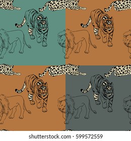 Vector illustration of seamless pattern with a wild big cats:Lion, tiger, leopard. Black, terracotta colors. Perfect for textile and paper printing etc.