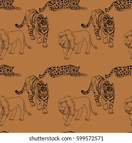 Vector illustration of seamless pattern with a wild big cats:Lion, tiger, leopard. Black, terracotta colors. Perfect for textile and paper printing etc.