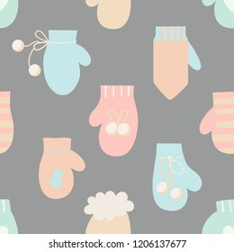 Vector illustration: seamless pattern with winter clothes: bpastel colored gloves and woolen mittens with different ornaments. elements for greeting card, fabric, wallpaper  isolated on grey backdrop