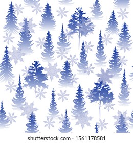 Vector illustration of seamless pattern winter forest coniferous trees of spruce, pine and snowflakes