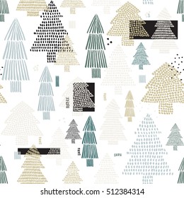 Vector illustration of a seamless pattern in winter for Happy New Year and Merry Christmas cards. A beautiful hand drawn illustration with christmas trees.