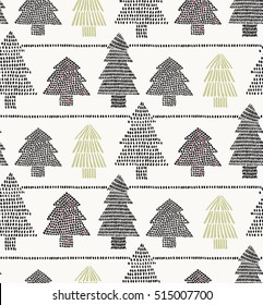 Vector illustration of a seamless pattern in winter for Happy New Year and Merry Christmas cards. A beautiful hand drawn illustration with christmas trees.