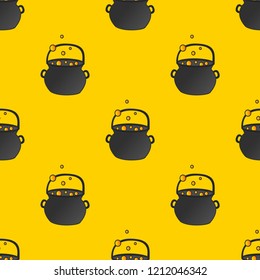 Vector illustration seamless pattern of witch cauldrons with potion. Isolated on a yellow (orange) background