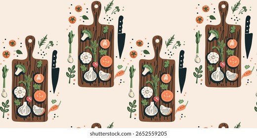  vector illustration seamless pattern with wooden boards and sliced vegetables