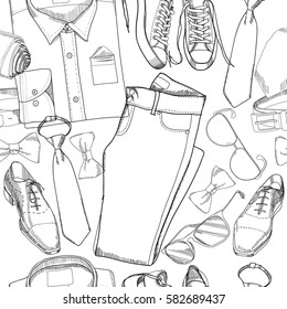 Vector illustration of seamless pattern, wrapping paper, background, hand drawn, graphic doodle coordination folded shirt, tie, trousers, shoes, classical boots, spectacles and belt.