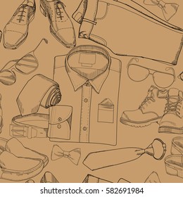Vector illustration of seamless pattern, wrapping paper, background, hand drawn, graphic doodle coordination folded shirt, tie, trousers, shoes, classical boots, spectacles and belt.
