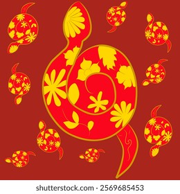 vector illustration, seamless pattern year of wooden snake. lunar new year 2025, with some flower and leafs.