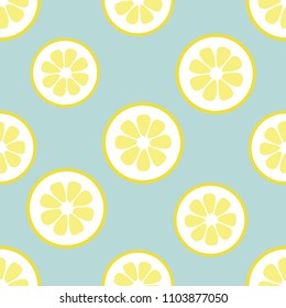 Vector illustration: seamless pattern with yellow circle flat lemon pieces icons in chess order in retro style isolated on blue background